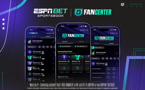 Dark blue gradient background, with three iPhones in the centre. Each has the ESPN Bet app on and is showing a new dedicated hub.
